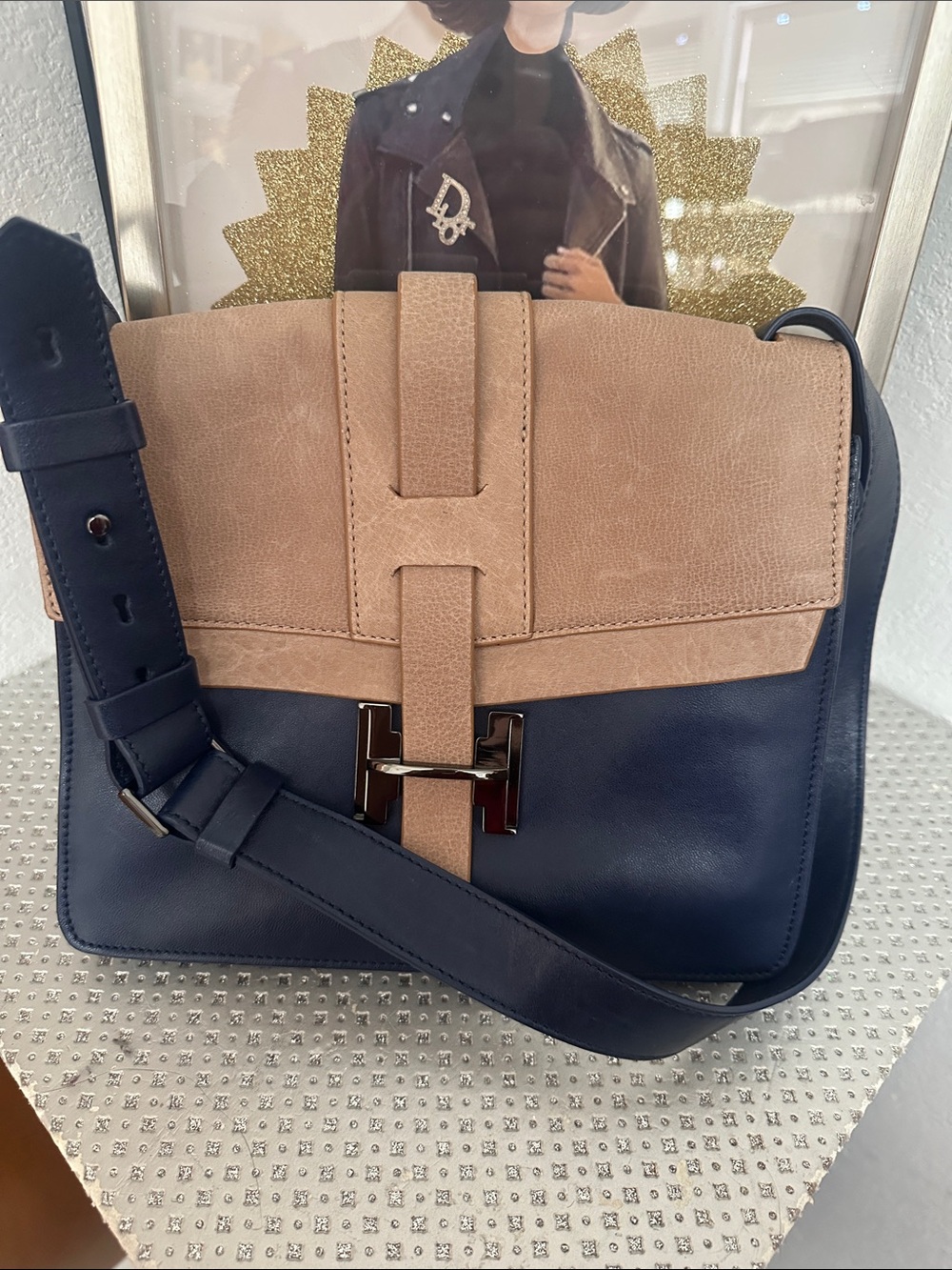 Halston Heritage Two Tone Leather Bag in Navy and Taupe